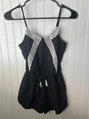 Girls' Black Romper with White Crochet Detail